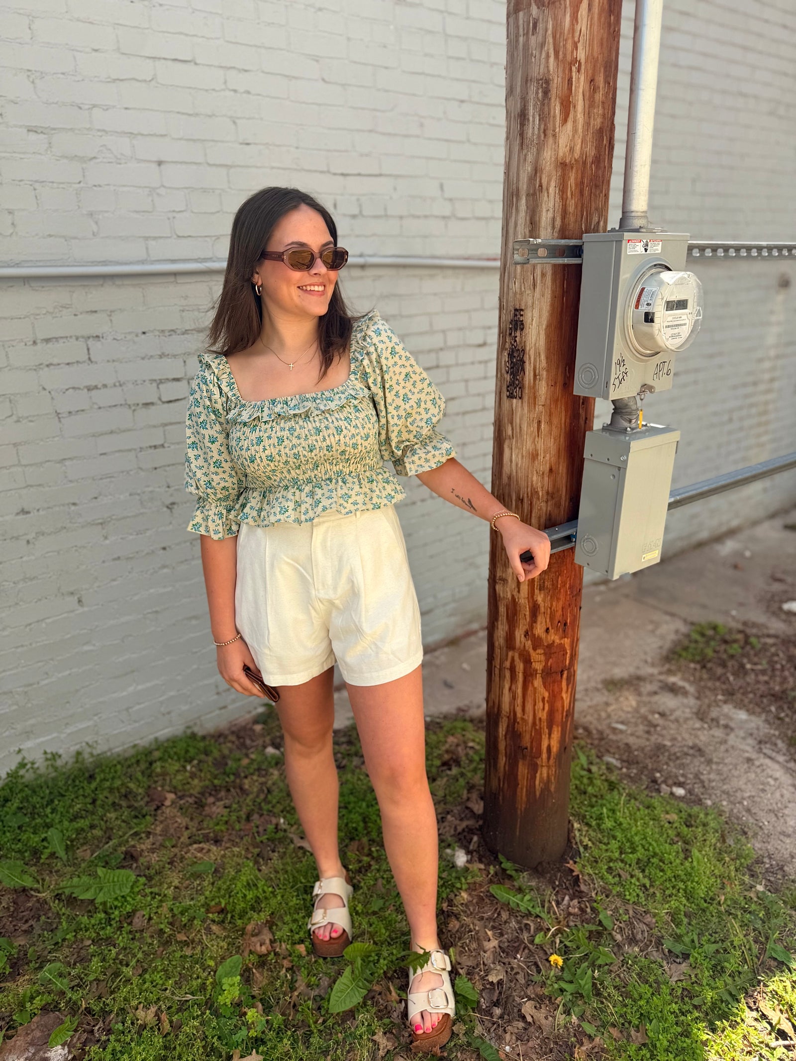Olivaceous Blue Floral Linen Smocked Top