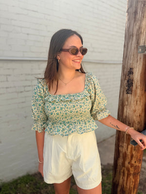 Olivaceous Blue Floral Linen Smocked Top