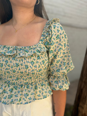Olivaceous Blue Floral Linen Smocked Top