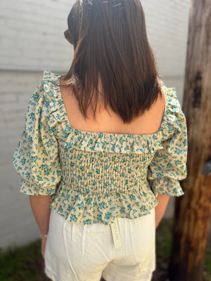 Olivaceous Blue Floral Linen Smocked Top