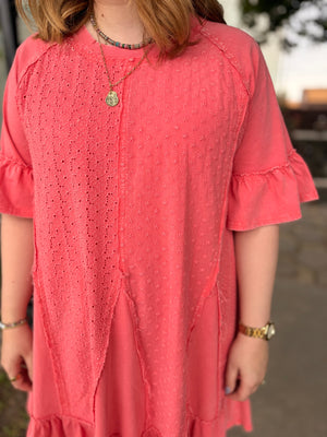 Easel Coral Mineral Wash Mini Dress w/ Eyelet Lace Detail