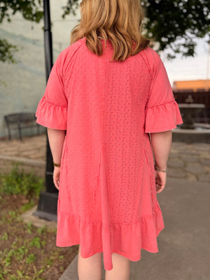 Easel Coral Mineral Wash Mini Dress w/ Eyelet Lace Detail
