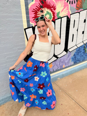 Easel Blue Floral Tiered Maxi Skirt