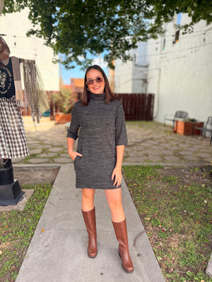 Black Half Sleeve Turtleneck Knit Dress