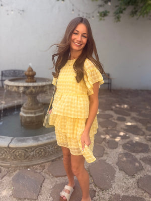 Doe & Rae Yellow Chiffon Seersucker Gingham Tiered Dress