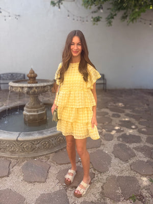 Doe & Rae Yellow Chiffon Seersucker Gingham Tiered Dress
