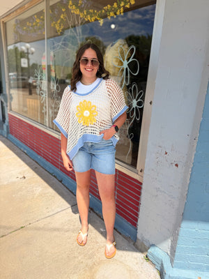 Pol Ivory + Blue Daisy Open Knit Top