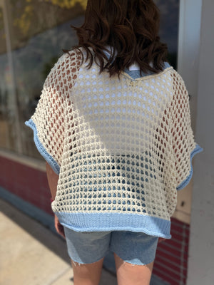 Pol Ivory + Blue Daisy Open Knit Top