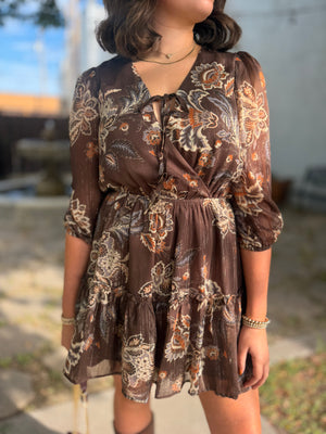 Brown Floral Mini Dress w/ Metallic Detail