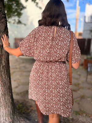 Brown Floral Print Dolman Sleeve Mini Dress