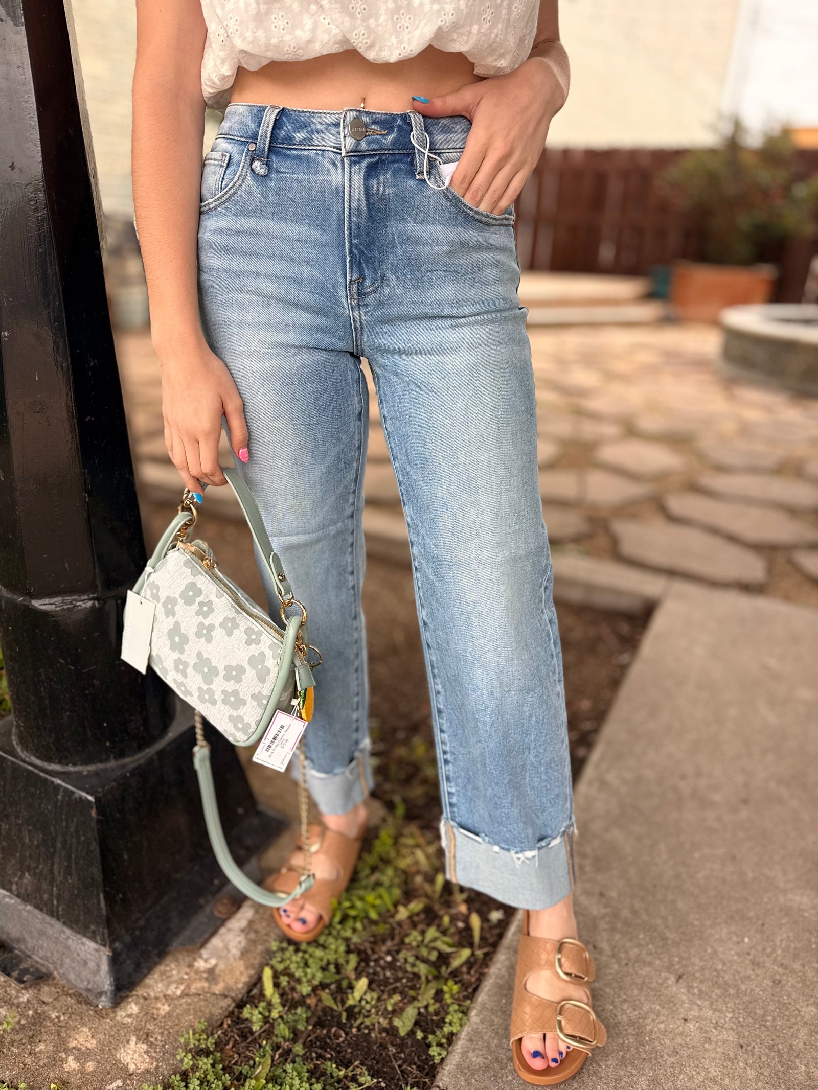 Risen Light Wash High Rise Cuffed Boyfriend Jeans