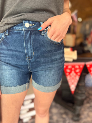 Risen Dark Wash Cuffed Hem Shorts