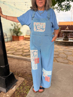 Davi + Dani Light Wash Tweed + Lace Patchwork Overalls