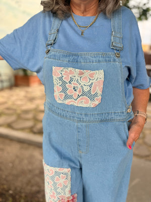 Davi + Dani Light Wash Tweed + Lace Patchwork Overalls