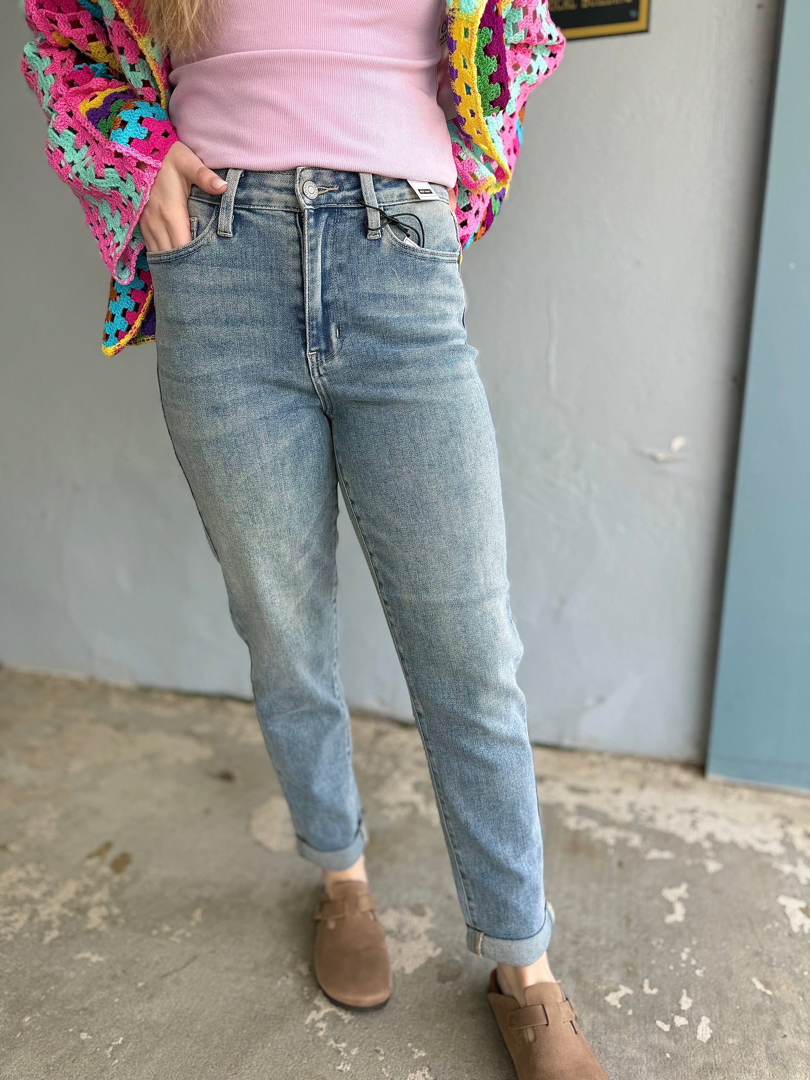 Judy Blue Vintage Wash Rolled Cuff Boyfriend Jean
