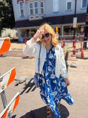 Umgee Blue Floral Print Midi Dress w/ Cap Sleeve