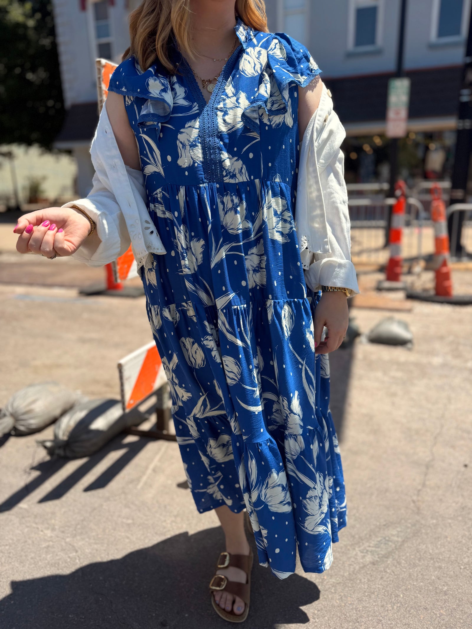 Umgee Blue Floral Print Midi Dress w/ Cap Sleeve