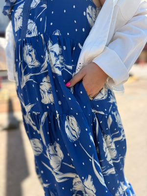 Umgee Blue Floral Print Midi Dress w/ Cap Sleeve