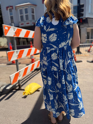 Umgee Blue Floral Print Midi Dress w/ Cap Sleeve