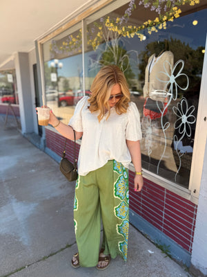 Umgee Green Print Palazzo Wide Leg Pant