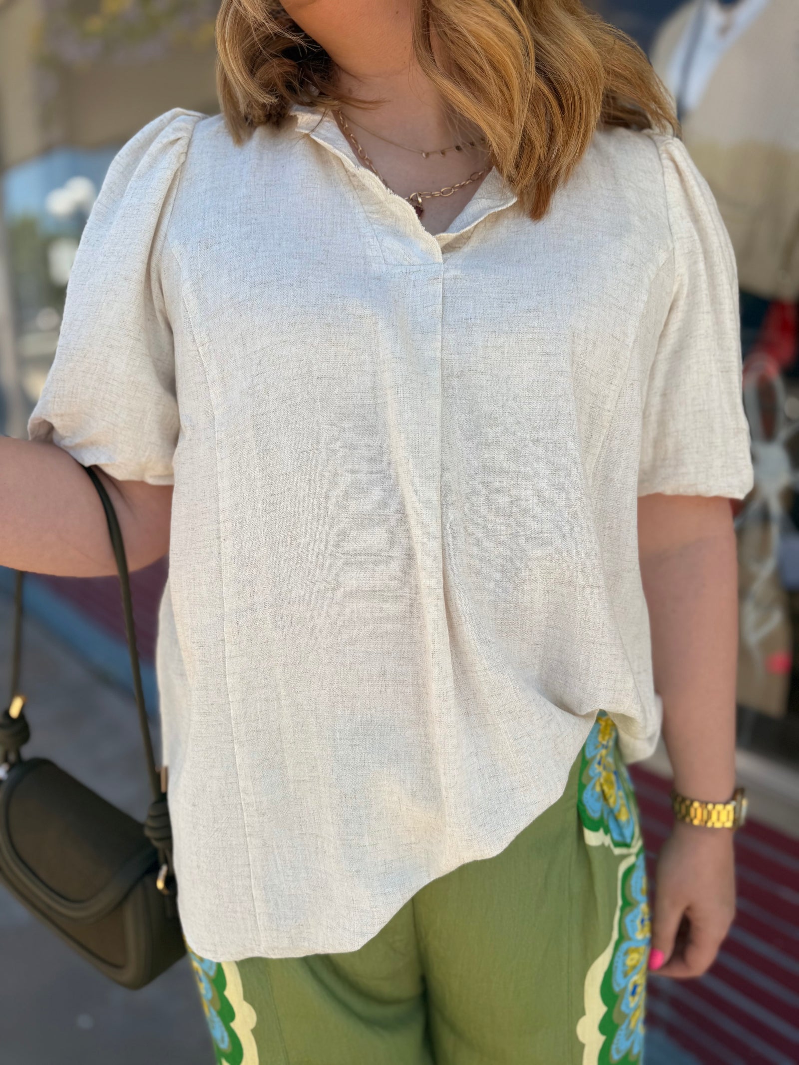 Umgee Oatmeal Scallop Trim Linen Top