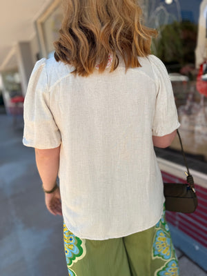 Umgee Oatmeal Scallop Trim Linen Top