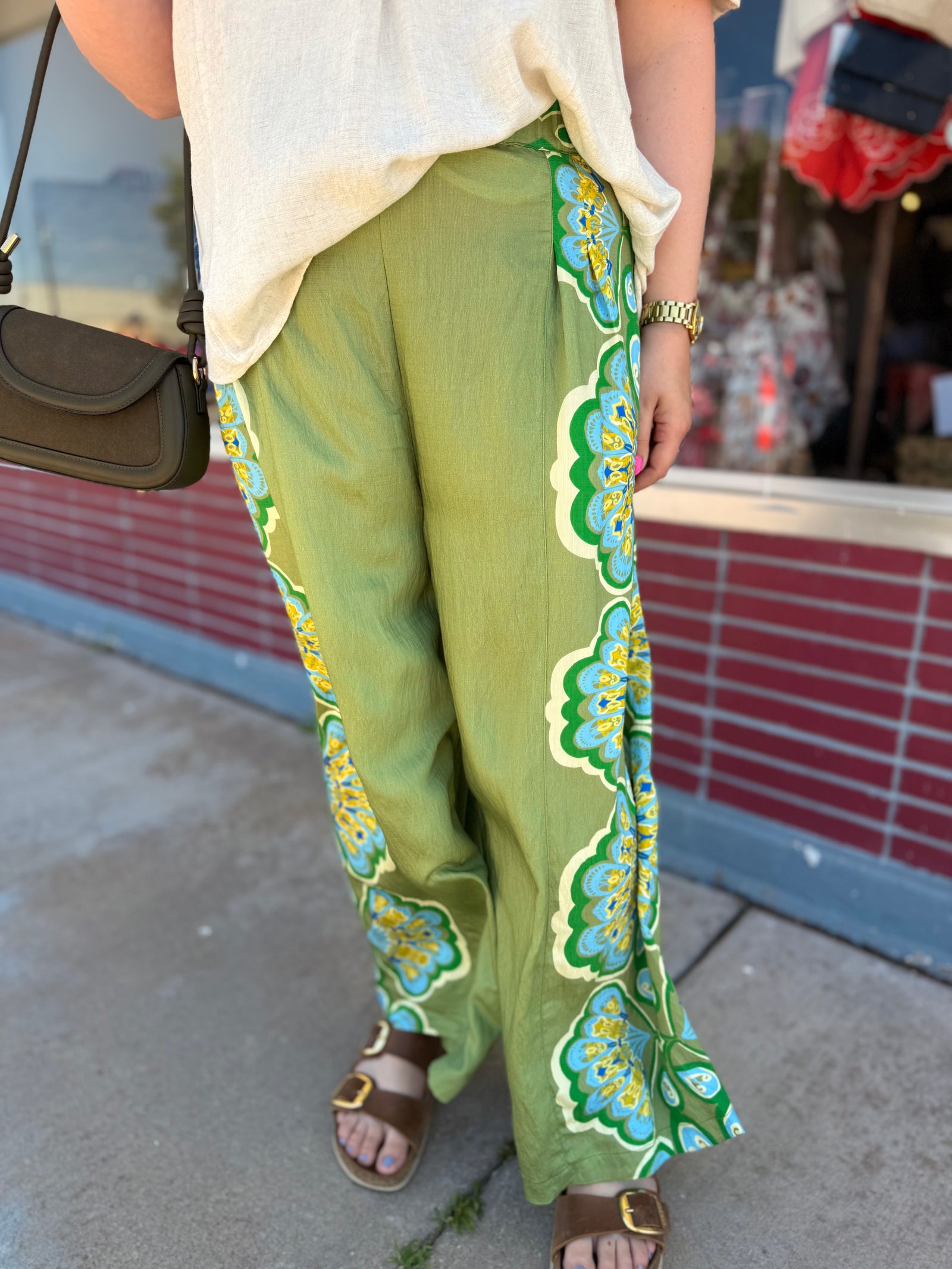 Umgee Green Print Palazzo Wide Leg Pant