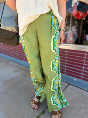 Umgee Green Print Palazzo Wide Leg Pant