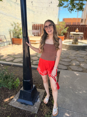 Umgee Tomato Red Linen Shorts w/ Floral Embroidery