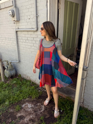 Umgee Orange + Navy Patterned Spaghetti Strap Dress