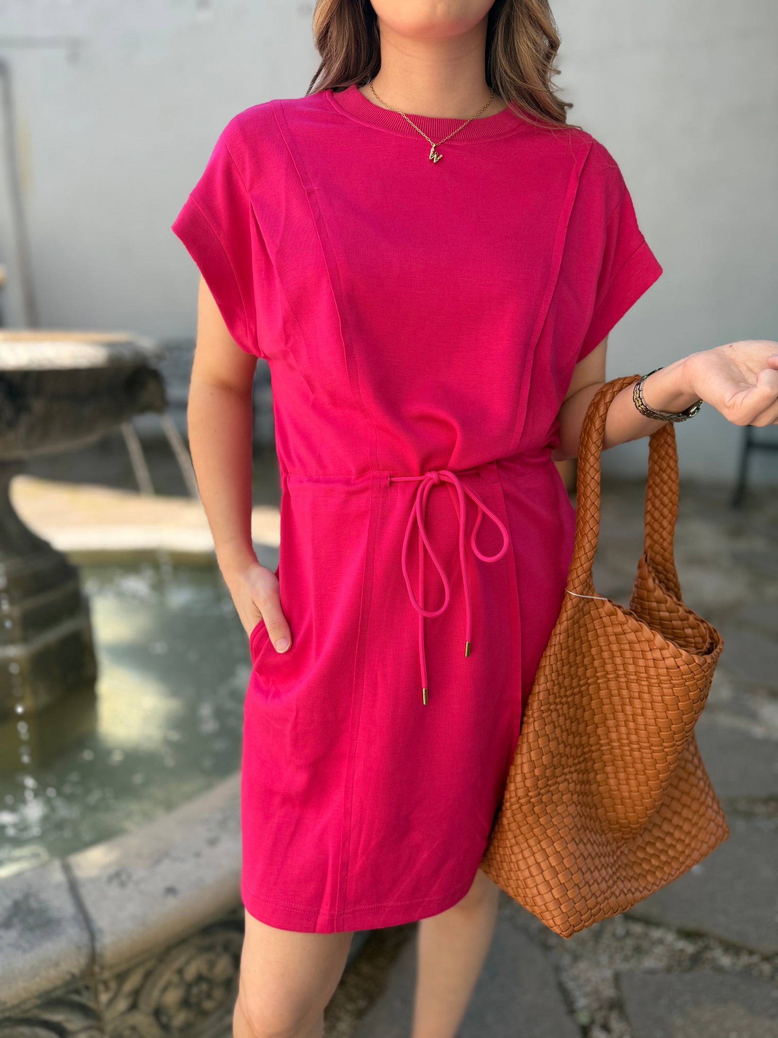 Umgee Fuchsia Luxe Knit Drawstring Dress