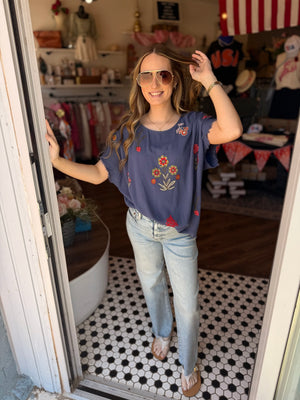 Umgee Blue Linen Top w/ Frayed Hem + Embroidery