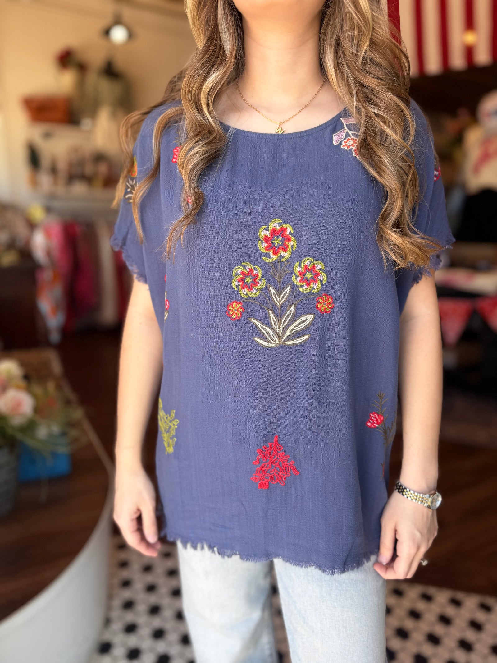 Umgee Blue Linen Top w/ Frayed Hem + Embroidery