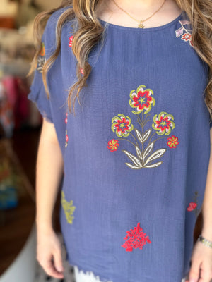 Umgee Blue Linen Top w/ Frayed Hem + Embroidery