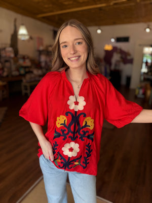 Umgee Tomato Red Embroidered Top