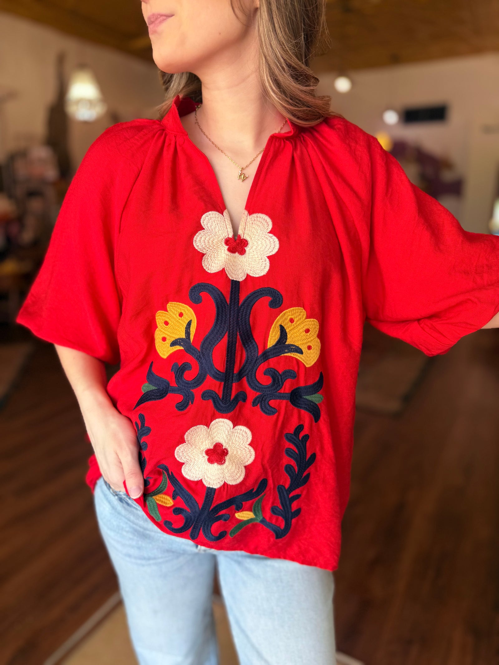 Umgee Tomato Red Embroidered Top