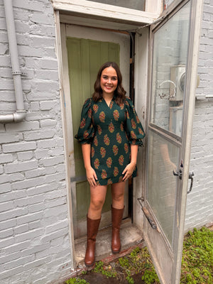 Hunter Green Floral Print Puff Sleeve Mini Dress