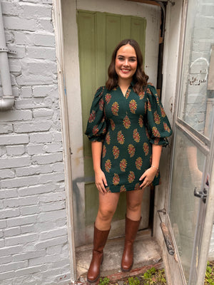 Hunter Green Floral Print Puff Sleeve Mini Dress