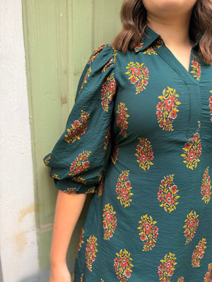 Hunter Green Floral Print Puff Sleeve Mini Dress