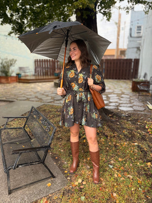 Chocolate Floral Puff Sleeve Belted Mini Dress