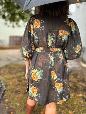 Chocolate Floral Puff Sleeve Belted Mini Dress