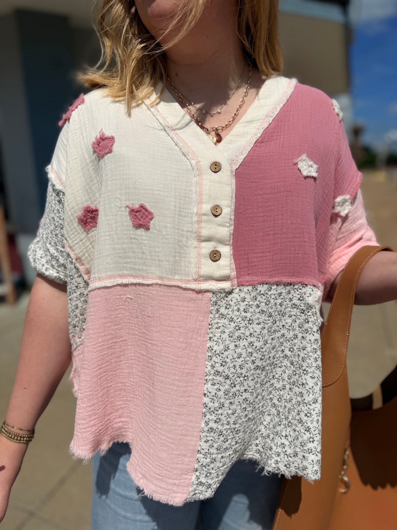 Sage + Fig Mixed Pink Star Crush Patchwork Top