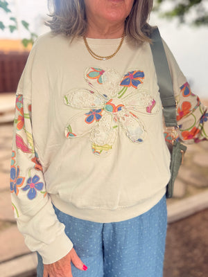 Easel Khaki Floral Patch Terry Knit Sweatshirt
