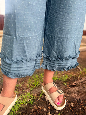 Easel Blue Woven Pom + Ruffle Pants