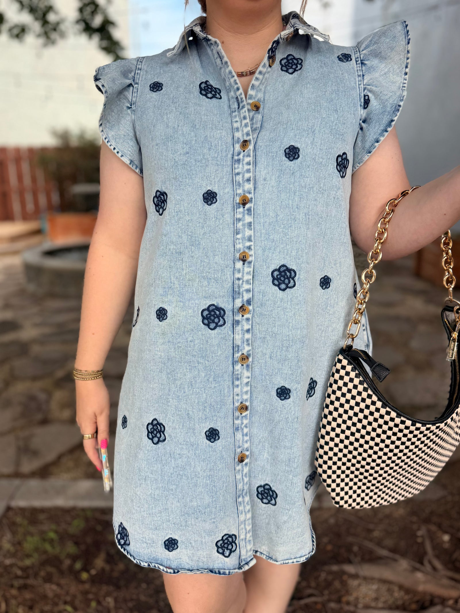Easel Denim Floral Embroidered Dress w/ Ruffle Cap Sleeve