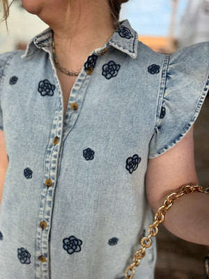 Easel Denim Floral Embroidered Dress w/ Ruffle Cap Sleeve