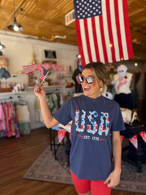 Navy Floral USA Graphic Tee