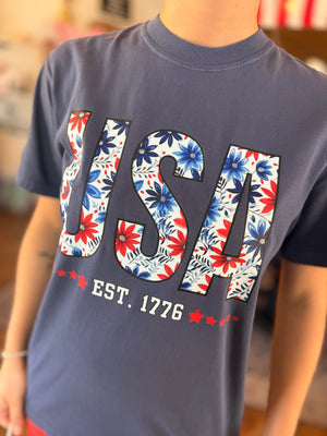 Navy Floral USA Graphic Tee