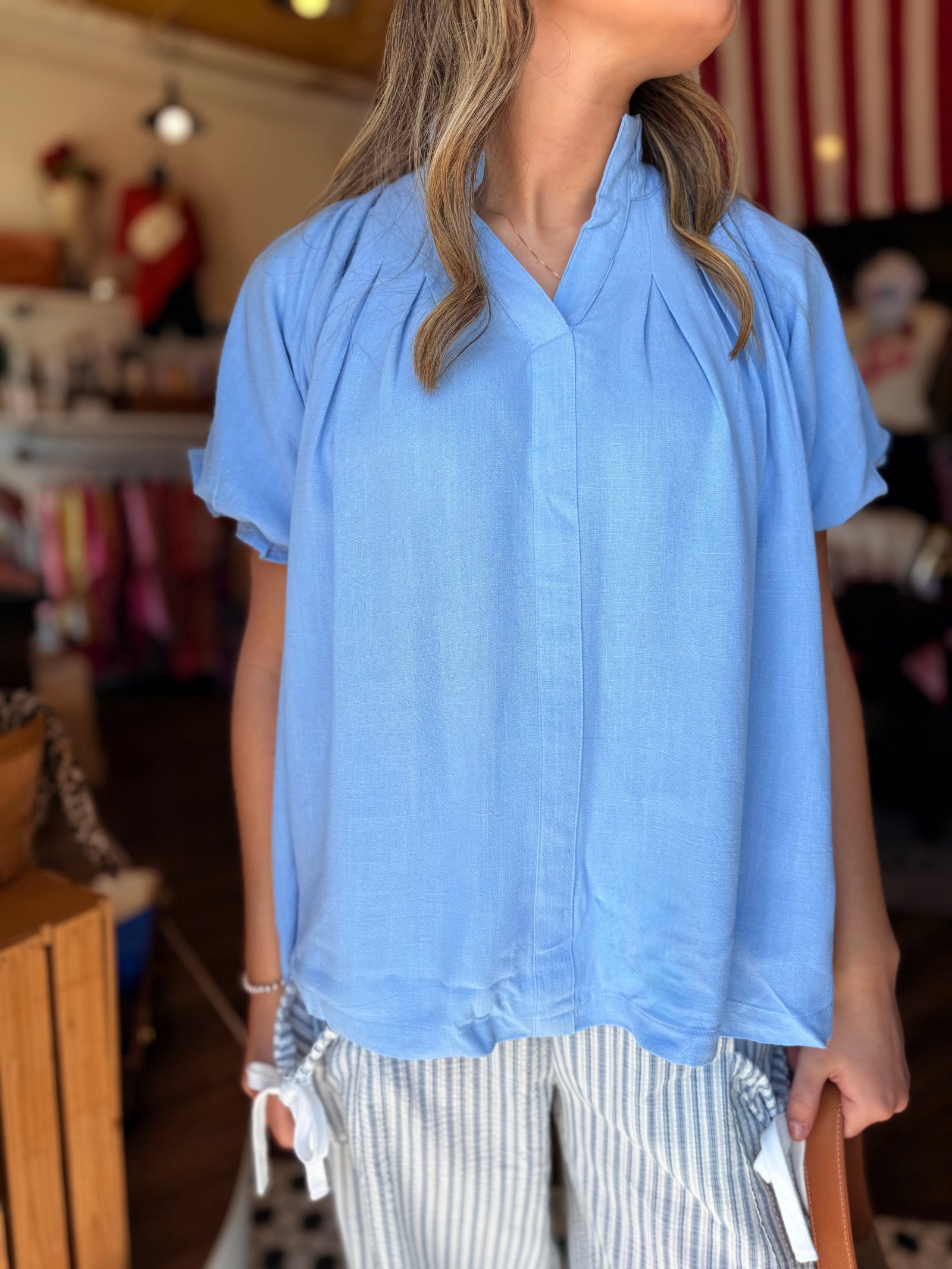 Umgee Periwinkle Linen Puff Sleeve Top