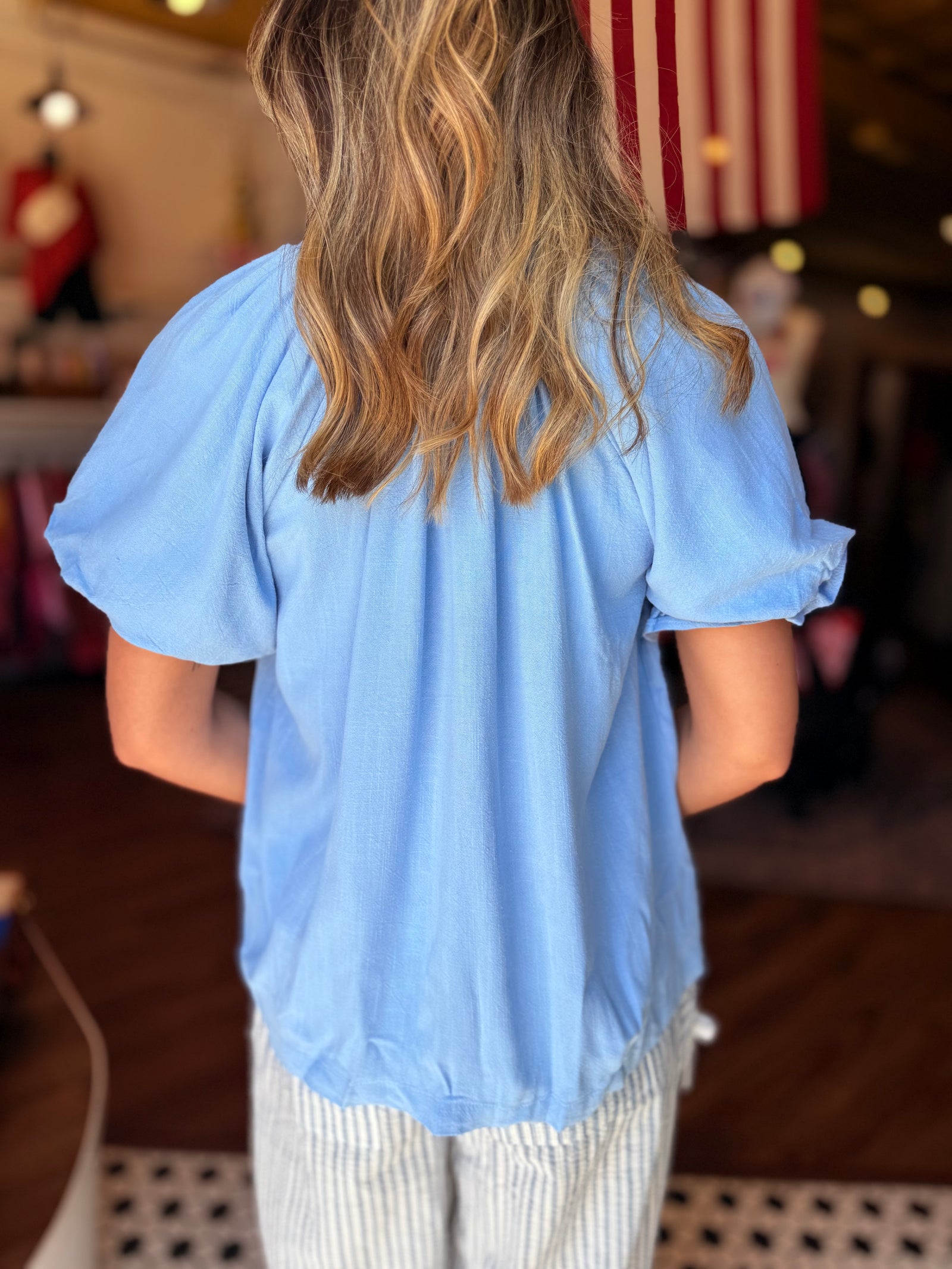 Umgee Periwinkle Linen Puff Sleeve Top